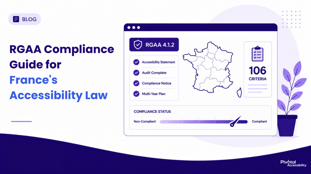 Graphic titled "RGAA Compliance Guide for France's Accessibility Law" featuring a compliance dashboard, map of France, and RGAA 4.1.2 accessibility criteria.